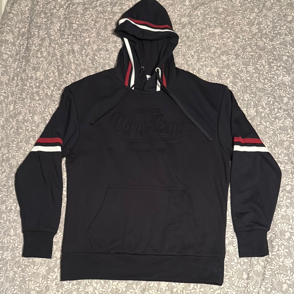 NWOT SAFON “Vintage Barcelona” Navy Hoodie with Red and White Stripes on Sleeves